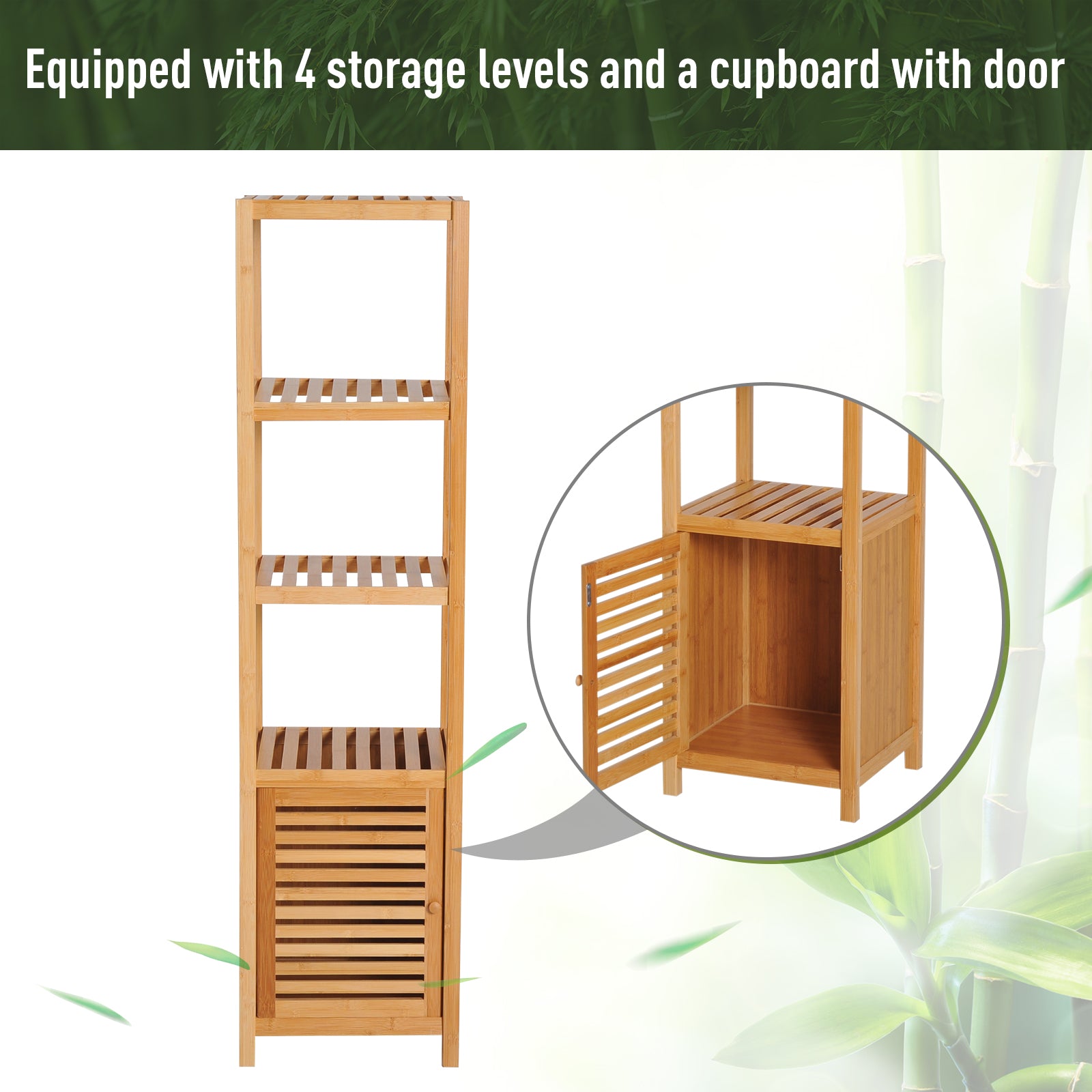 HOMCOM 140cm Tall Bathroom Cabinet, Freestanding Storage Unit w/ 3 Shelves, Utility Organiser Cupboard for Home Kitchen 