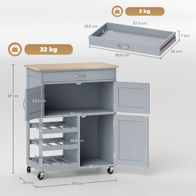 HOMCOM Modern Kitchen Trolley, Rolling Island Storage Cart with Drawer, 9-bottle Wine Rack, Door Cabinets, Wooden Countertop, Grey 
