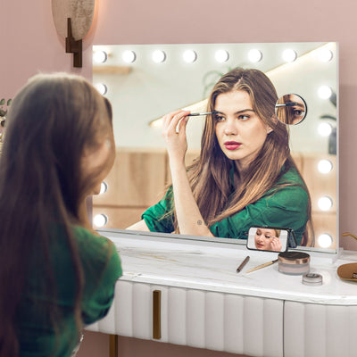 HOMCOM Hollywood Vanity Mirror with Lights, Large 80x62 cm Lighted Makeup Mirror with 3 Colour, 18 LED Bulbs, 10X Magnifying, USB Charging Port, Touch Screen, Tabletop or Wall Mounted Design, White 