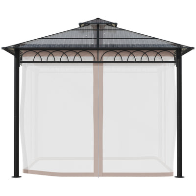 Outsunny 3 x 3 (m) Outdoor Polycarbonate Gazebo, Double\'c2\'a0Roof Hard Top Gazebo with\'c2\'a0Galvanised Steel Frame, Nettings\'c2\'a0&\'c2\'a0Curtains for Garden, Lawn, Patio and Deck, Khaki 