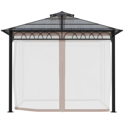 Outsunny 3 x 3 (m) Outdoor Polycarbonate Gazebo, Double\'c2\'a0Roof Hard Top Gazebo with\'c2\'a0Galvanised Steel Frame, Nettings\'c2\'a0&\'c2\'a0Curtains for Garden, Lawn, Patio and Deck, Khaki