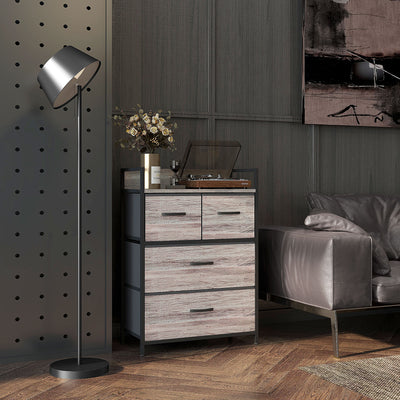 HOMCOM Rustic Chest of Four Fabric Drawers - Grey Wood Effect 