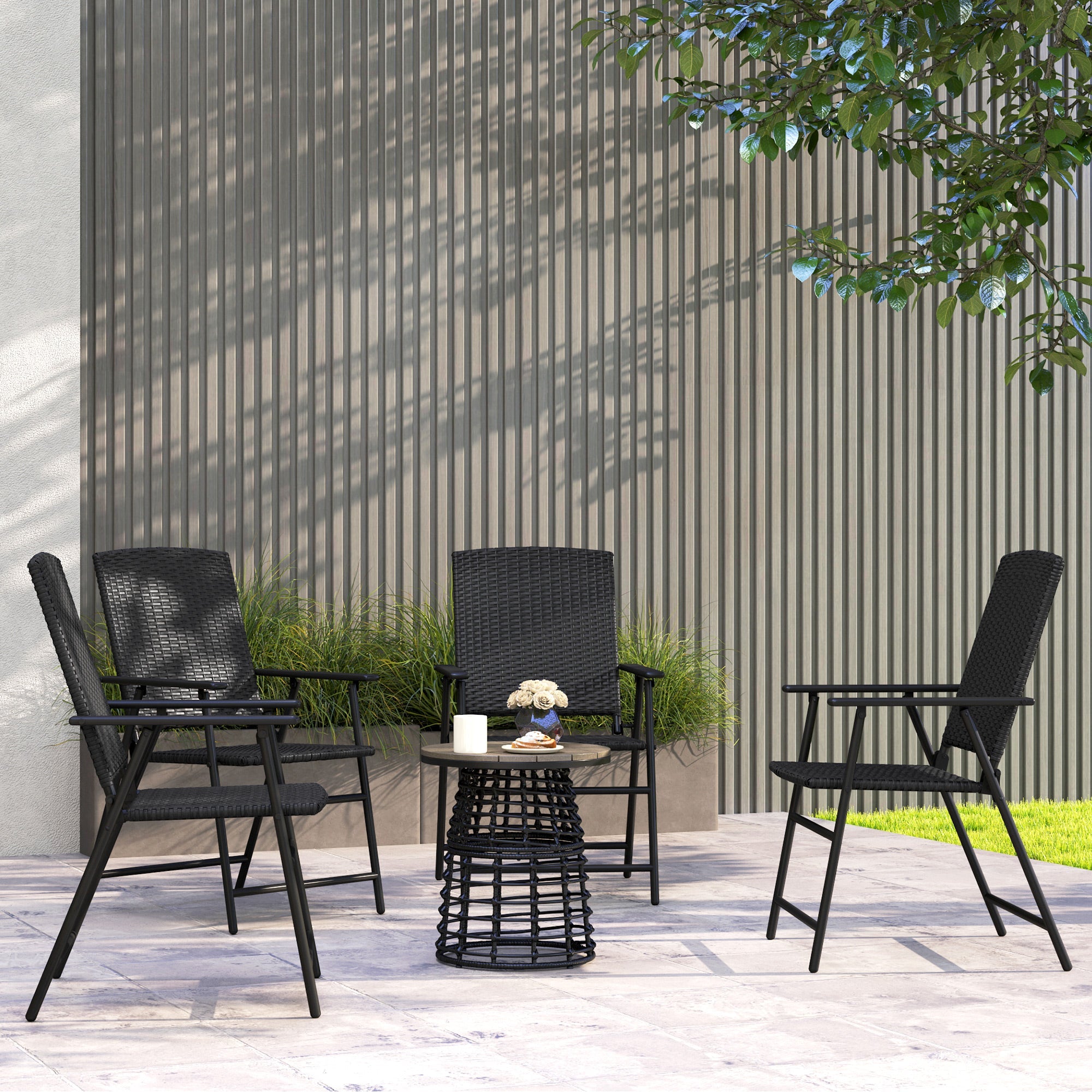 Outsunny Set of Four Folding Rattan Seat Chairs - Black 