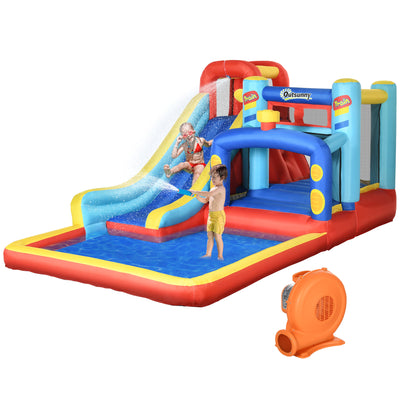 Outsunny 4 in 1 Bouncy Castle, with Slide, Pool, Trampoline, Climbing Wall, Blower - Multicoloured 