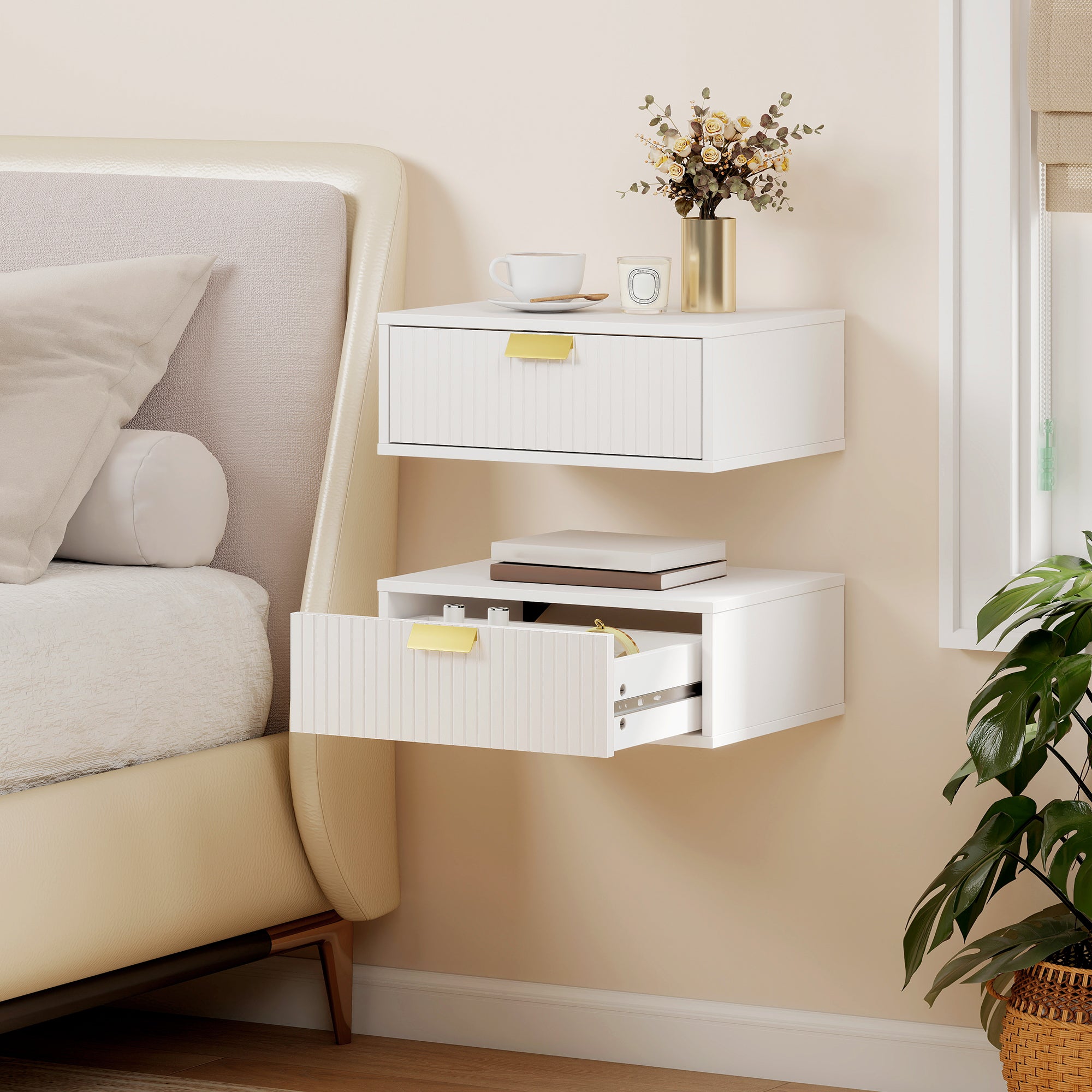 HOMCOM Modern Floating Nightstands Set of 2, Wall Mounted Bedside Tables with Wave Drawer White 
