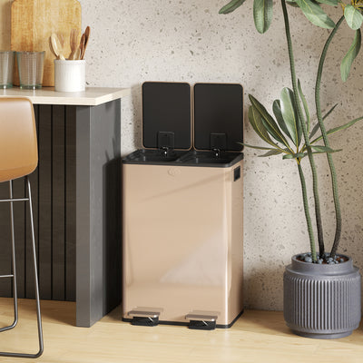 HOMCOM 56L Dual Compartment Stainless Steel Bin, with Deodoriser Holders - Gold Tone 