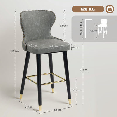 HOMCOM Bar Stools Set of 2, PU Leather Barstools with Back, Footrest and Wood Legs for Kitchen, Counter, Breakfast Bar, Grey 