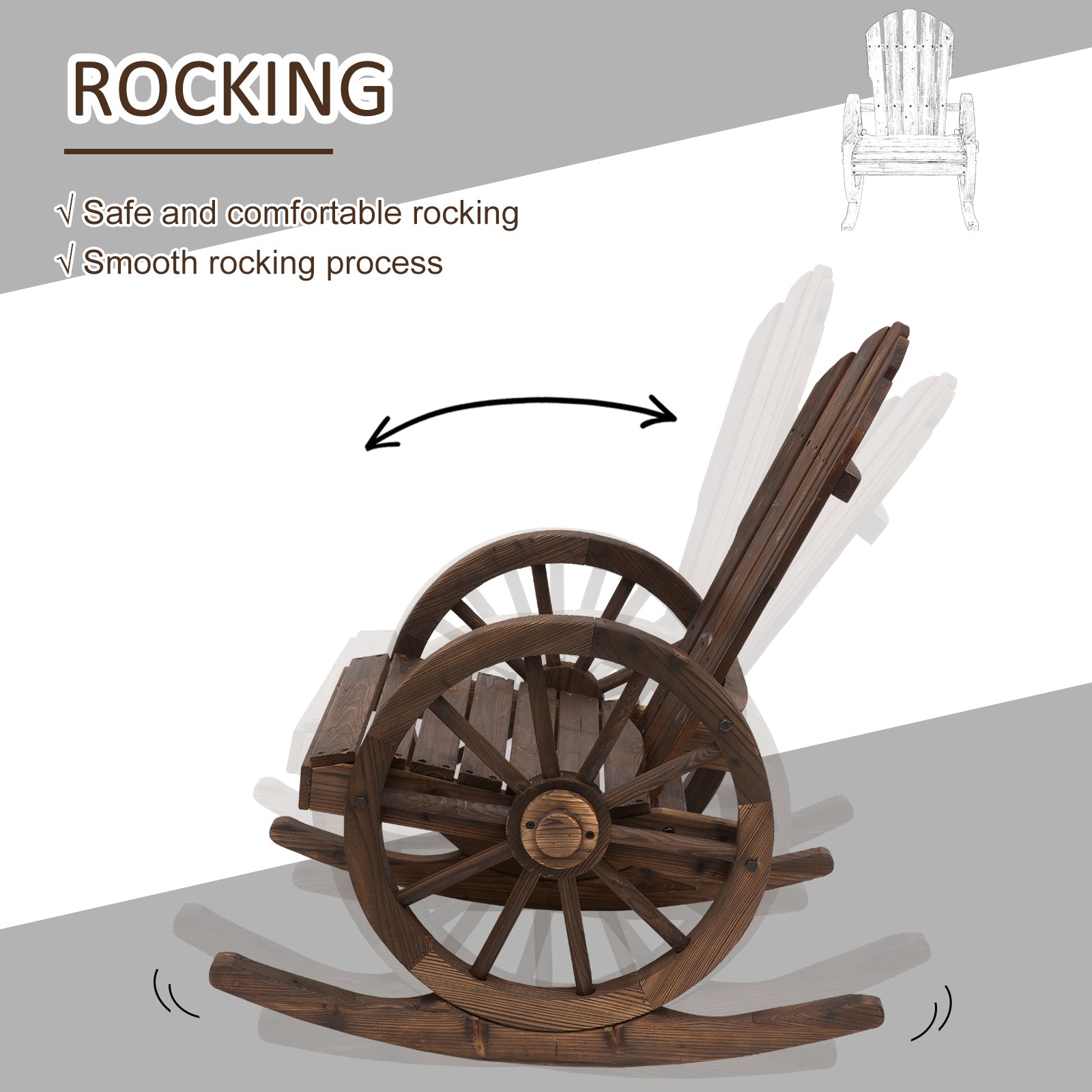 Outsunny Wooden Adirondack  Rocking Chair Reclining Armchair Outdoor Garden Furniture Patio Porch Rocker - Carbonized Wood Colour 