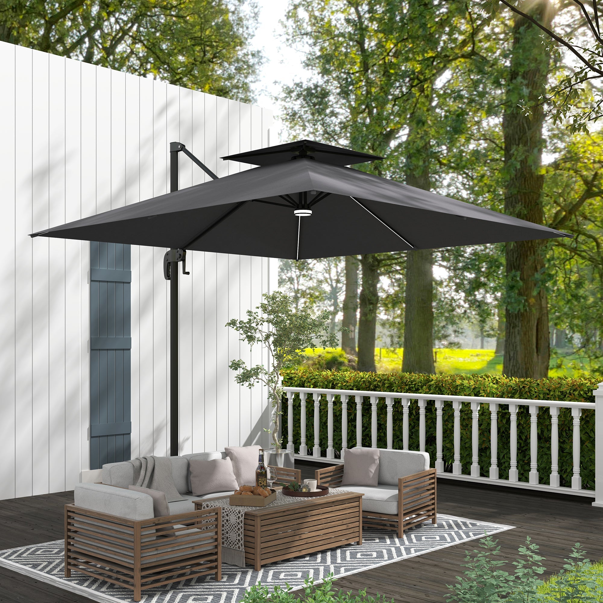 Outsunny 2.5m Cantilever Parasol with Solar Powered LED Lights, 360° Rotation, Tilt Adjustment, Crank Handle, Dark Grey 