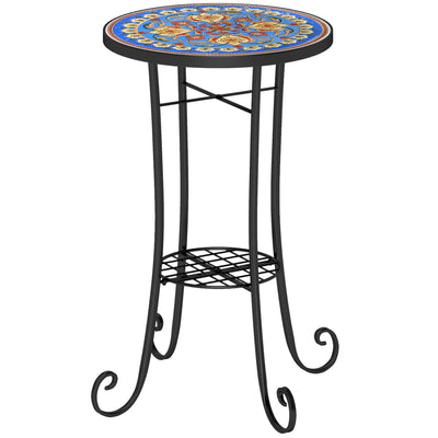 Outsunny Mosaic Garden Table, 35.5 cm Round Outdoor Table with Shelf, Ceramic Tile Top, Small Garden Side Table Bistro Table End Table Plant Stand for Indoor, Patio, Balcony, Blue 