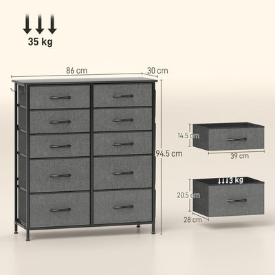 HOMCOM Chest of Ten Fabric Drawers - Charcoal Grey 