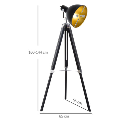 HOMCOM Tripod Floor Lamp, Spotlight Reading Lamp w/ Adjustable Height, Angle, Wood Legs for Living Room, Bedroom, Home, Office, Black and Gold 