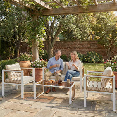 Outsunny 4 Piece Rattan Garden Furniture Set with Loveseat, 2 Armchairs, Table, Metal Frame Patio Conversation Set, Cream White 