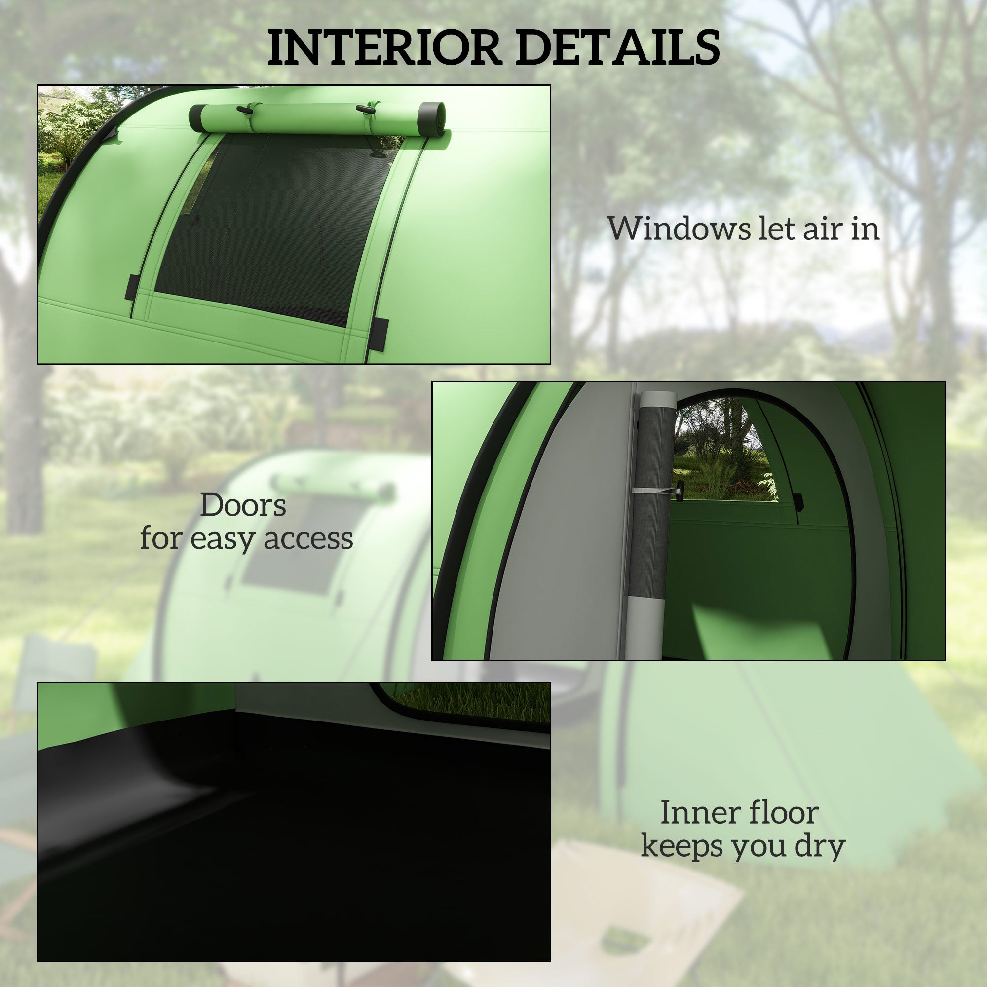 Outsunny Four Man Duo Room Tunnel Tent, with Accessories - Green 