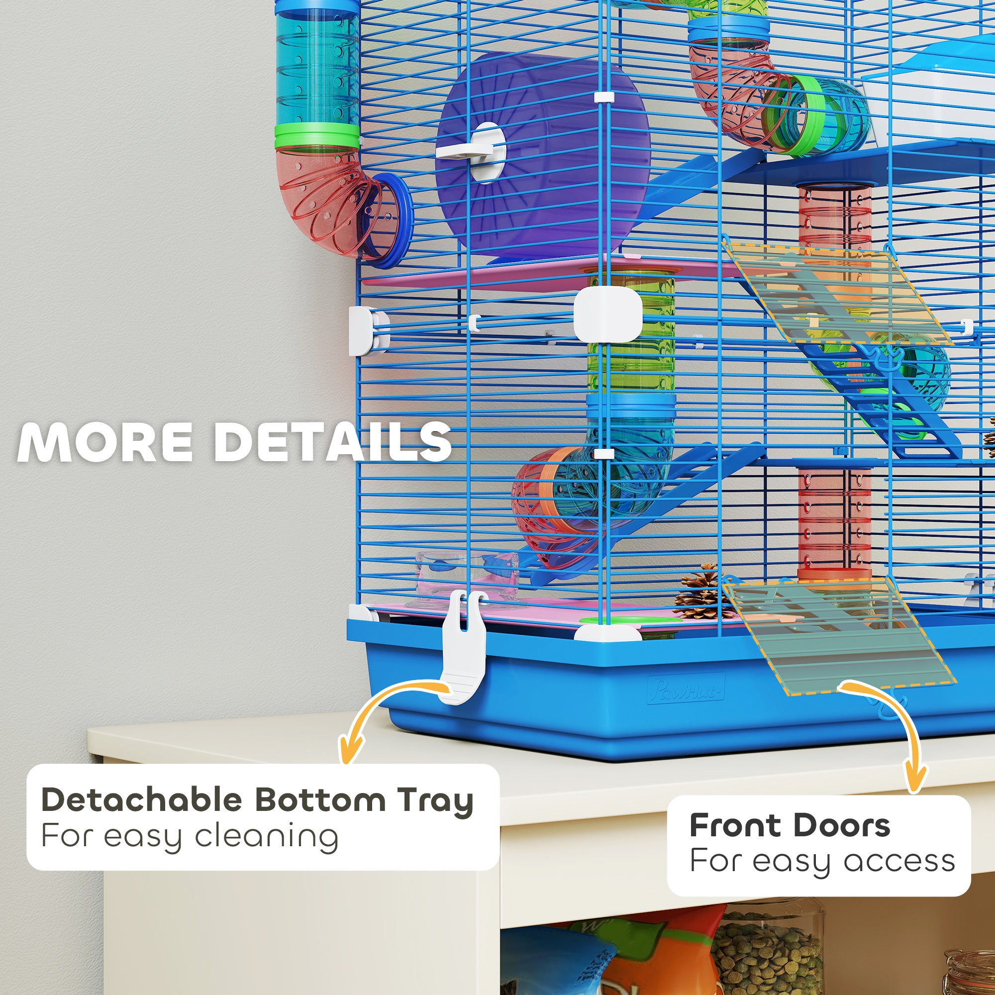 PawHut 5 Tier Hamster Cage Carrier Habitat w/ Exercise Wheels, Tunnel, Blue 