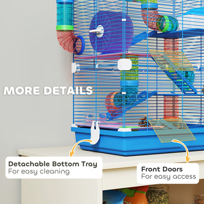 PawHut 5 Tier Hamster Cage Carrier Habitat w/ Exercise Wheels, Tunnel, Blue 