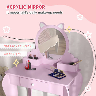 ZONEKIZ Kids Vanity Table with Mirror, Stool, Drawer, Storage Boxes, Cat Design, for Ages 3-6 Years - Pink 