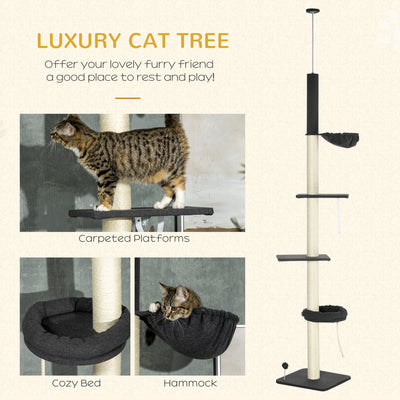 PawHut 240-270cm Floor-To-Ceiling Cat Tree, 5 Tier Cat Climbing Tower, with Bed, Hammock, Platforms, Black and Cream 