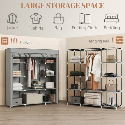 HOMCOM Clothes Storage Organiser with Hanging Rail, Shelves, Portable Wardrobe, Foldable Fabric Wardrobe, Light Grey