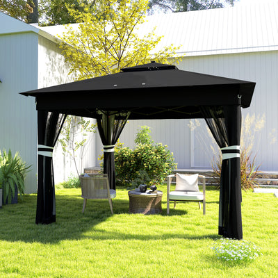 Outsunny 3 x 3(m) Pop Up Gazebo Party Tent with Solar-Powered LED Lights, Adjustable Event Shelter with Netting, Black 