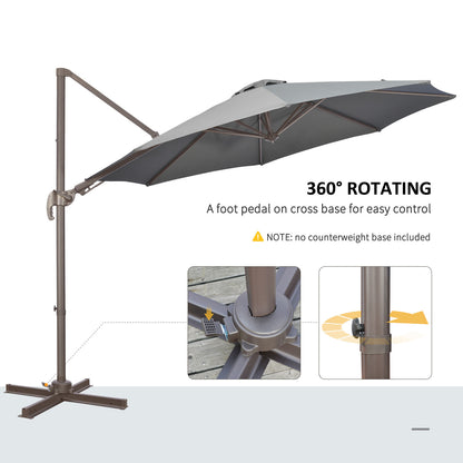 Outsunny 3(m) Cantilever Parasol 360\'c2\'b0 Rotation Roma Umbrella Hanging Sun Shade with Aluminium Frame, Tilt Crank, 8 Ribs and Cross Base, Dark Grey