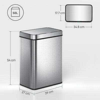 HOMCOM 50 L Sensor Can,  Sensor Bin with Soft-Close Lid, Fingerprint-Proof Stainless Steel, Silver Tone 