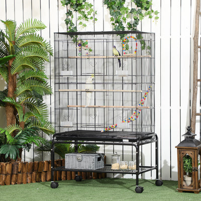 PawHut Large Bird Cage Budgie Cage with Stand, Toys, Wheels, Accessories, Storage Shelf for Canaries, Finches, Lovebirds, Parakeets - Black, 79 x 49 x 133 cm 
