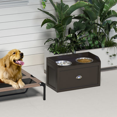 PawHut Stainless Steel Raised Dog Bowls, with 21L Storage Drawer for Large Dogs - Brown 