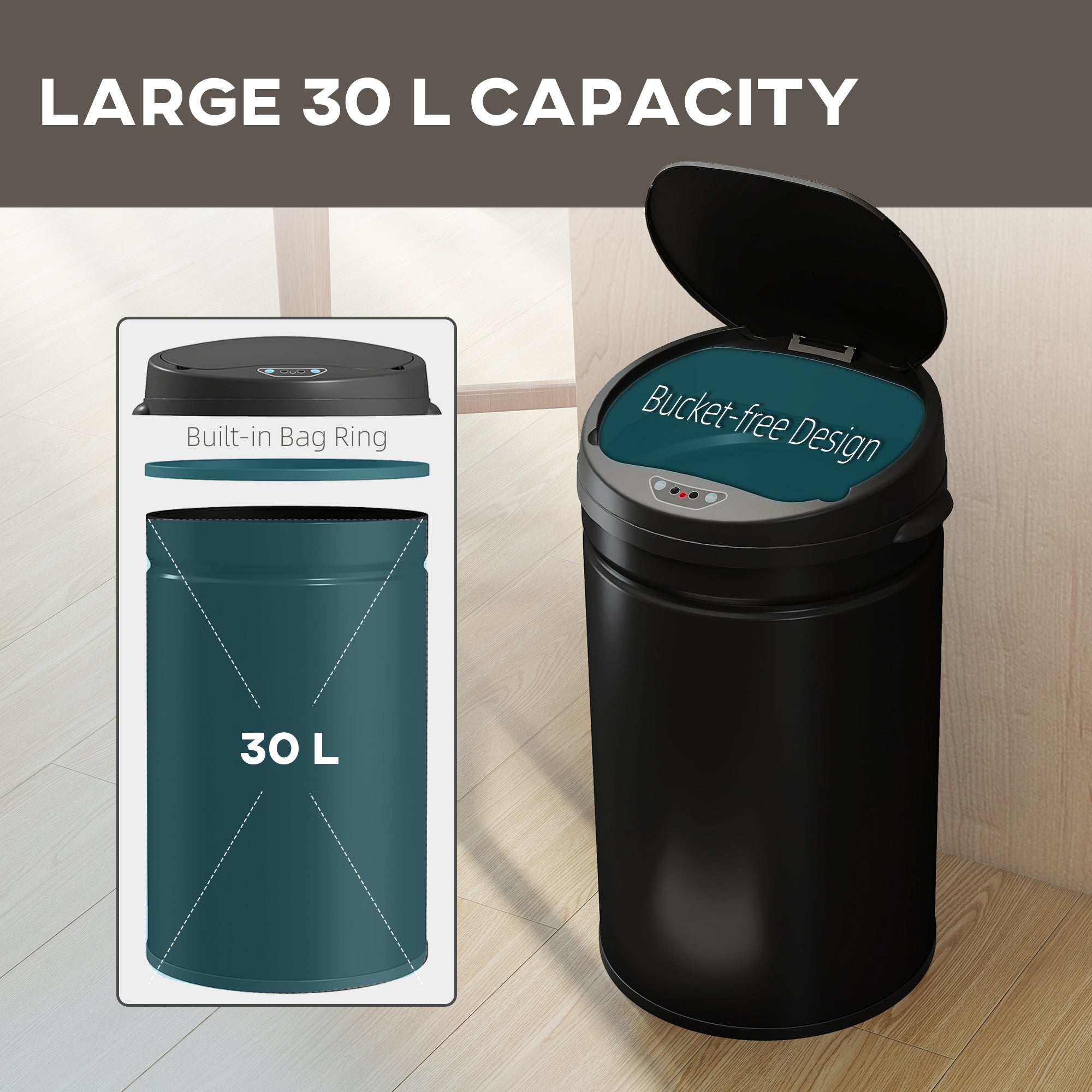HOMCOM 30L Stainless Steel Sensor Bin - Black 