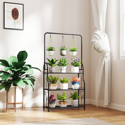 Outsunny 3 Tier Plant Stand with Hanging Rod and Hooks, Metal Plant Rack Shelf, Ladder Flower Pot for Indoor Outdoor Porch Balcony Living Room Bedroom, Black 