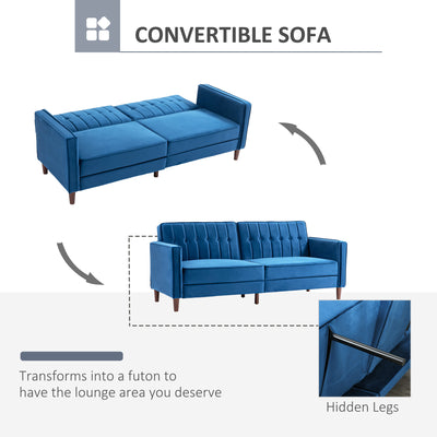 HOMCOM Velvet-Feel Three-Seater Sofa Bed - Blue 