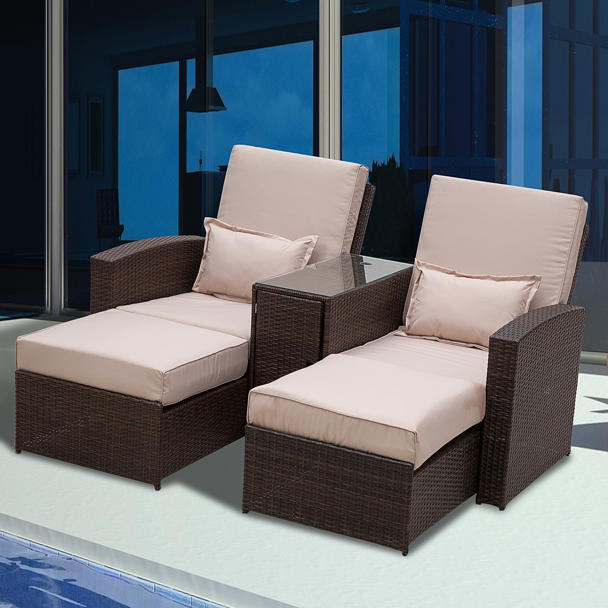 Outsunny 2-Seater Rattan Sofa Lounger Set-Brown 