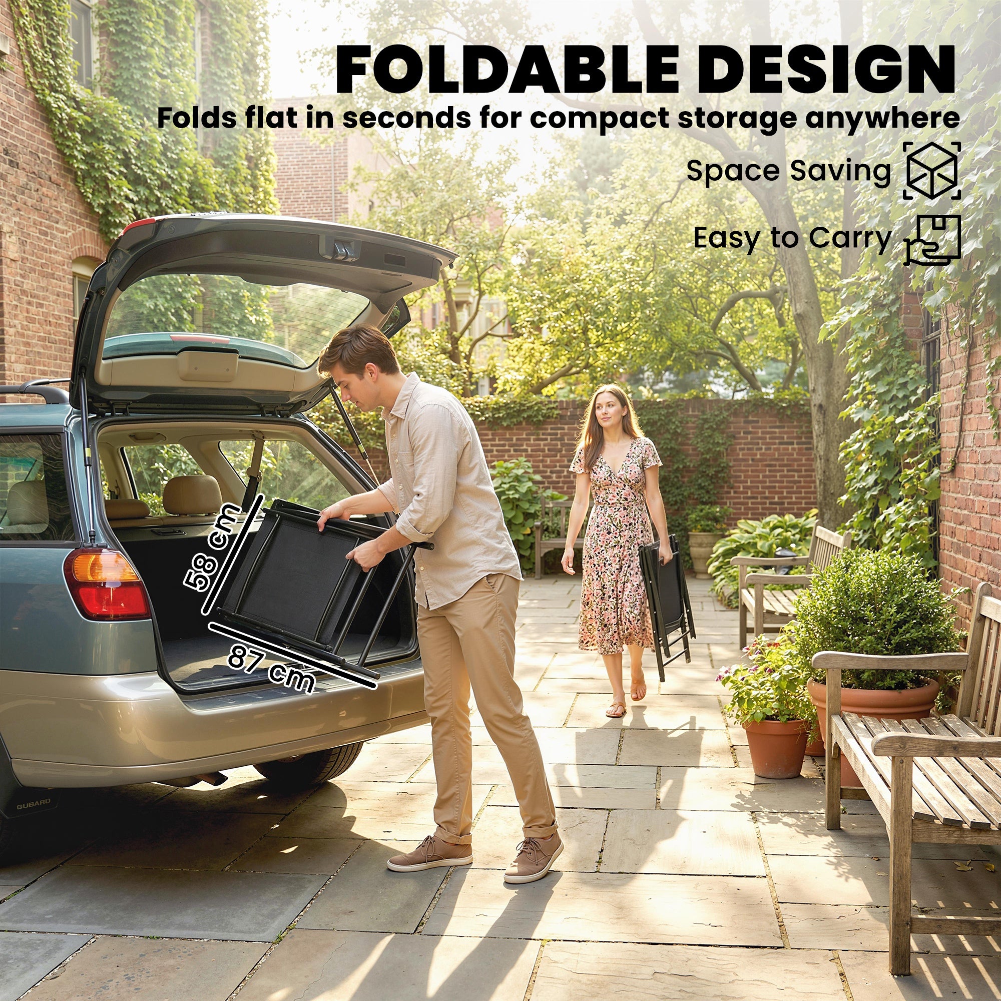 Outsunny Folding Garden Chairs Set of 2, Foldable Garden Dining Chairs with High Back, Armrests, Texteline Seat, Black 