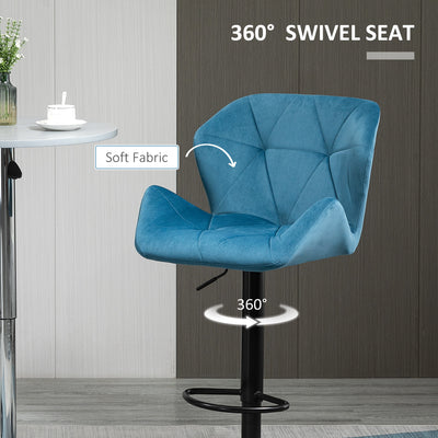 HOMCOM Bar Stools Set Of 2, Luxurious Velvet-Touch Barstools with Metal Frame Footrest Round Base Triangle Indenting Moulded Seat Adjustable Height Swivel Blue 