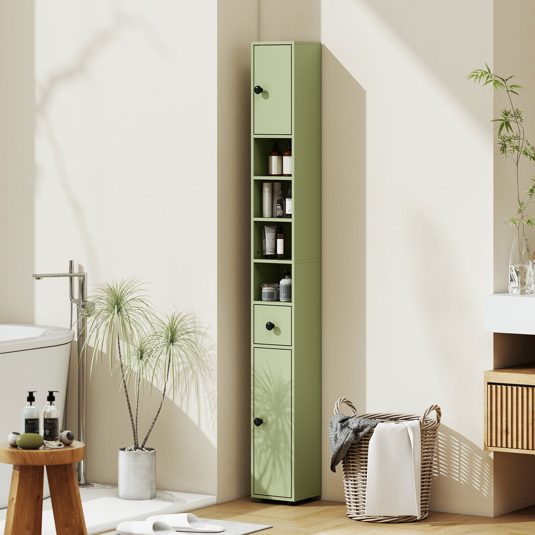 kleankin 180cm Slim Bathroom Cabinet, with Drawer, Shelves and Cupboards - Green 