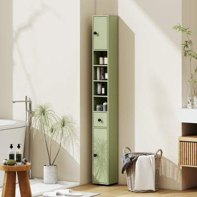 kleankin 180cm Slim Bathroom Cabinet, with Drawer, Shelves and Cupboards - Green 