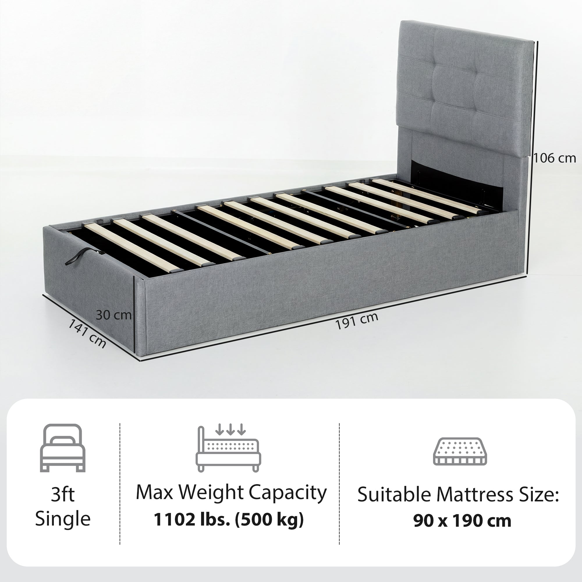 HOMCOM 3ft Single Ottoman Bed with Gas Lift Storage - Grey 