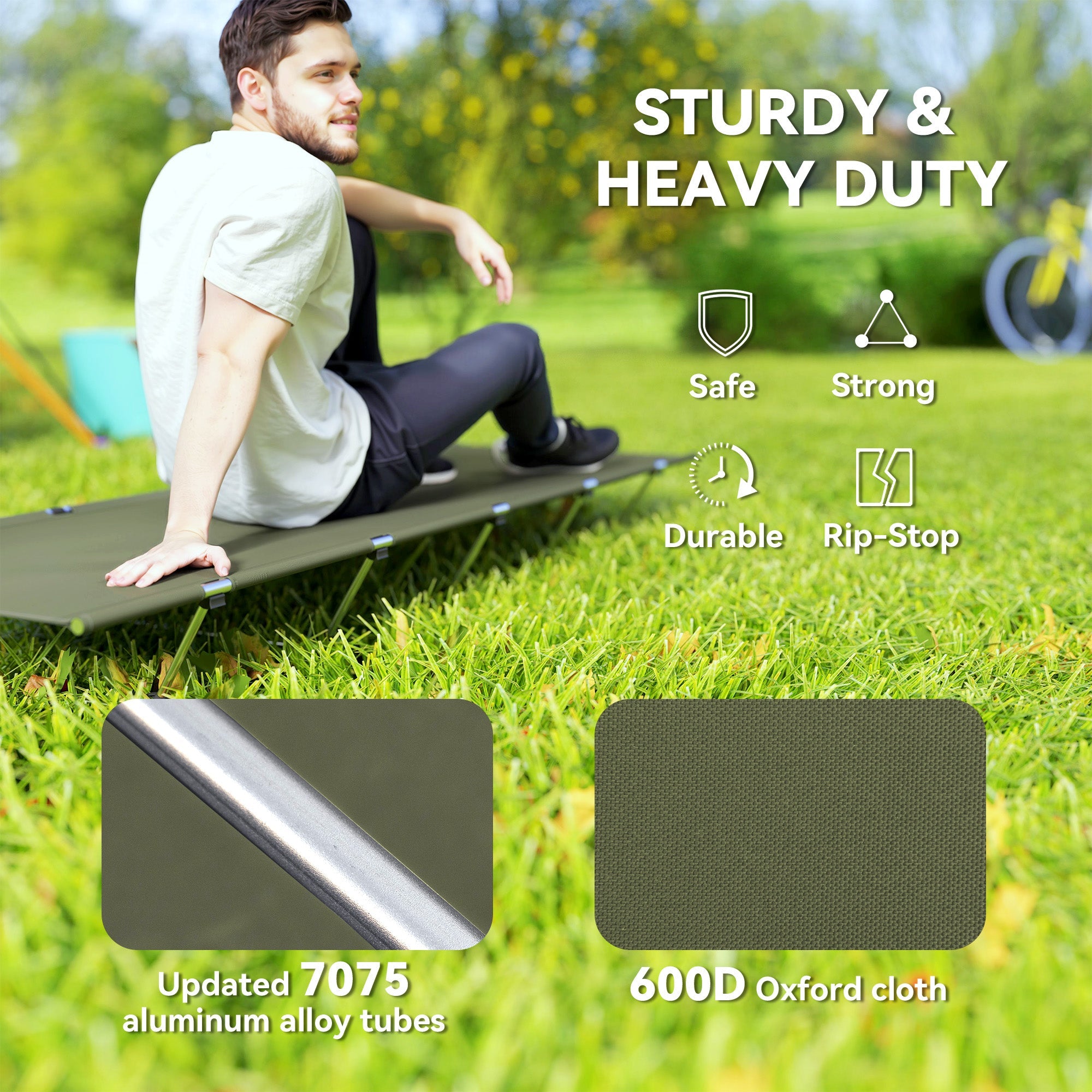 Outsunny Lightweight Camping Bed, Aluminium Portable Camp Cot w/ Strong Support 150kg and Carry Bag for Camping, Dark Green 