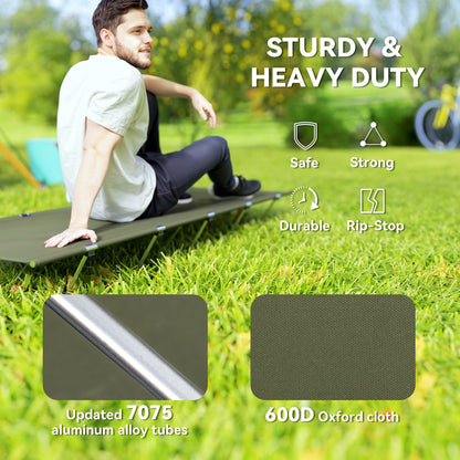 Outsunny Lightweight Camping Bed, Aluminium Portable Camp Cot w/ Strong Support 150kg and Carry Bag for Camping, Dark Green 