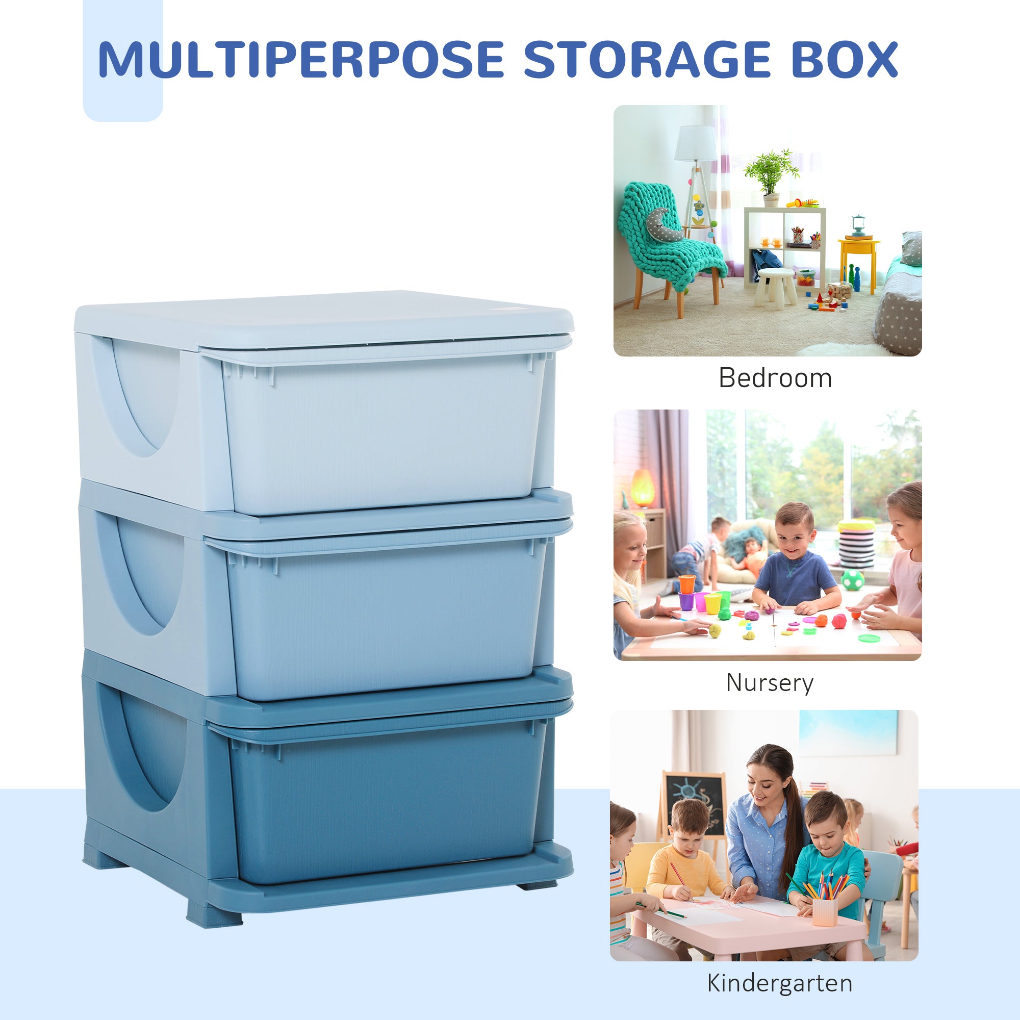 HOMCOM Kids Storage Units with 3 Drawers 3 Tier Chest Vertical Dresser Tower Toy Organizer for Nursery Playroom Kindergarten Blue 