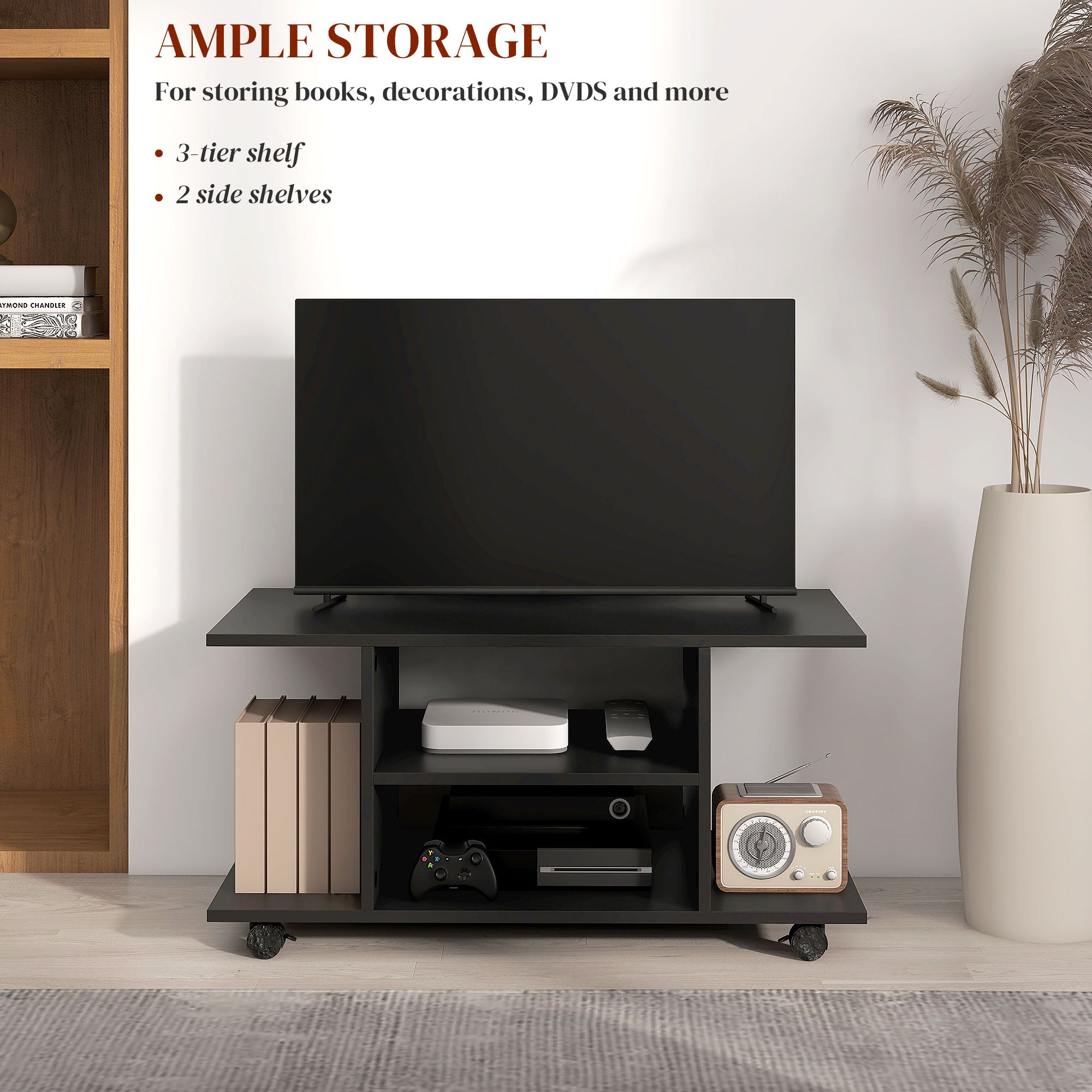HOMCOM Modern TV Cabinet Stand Storage Shelves Table Mobile Bedroom Furniture Bookshelf Bookcase Black 