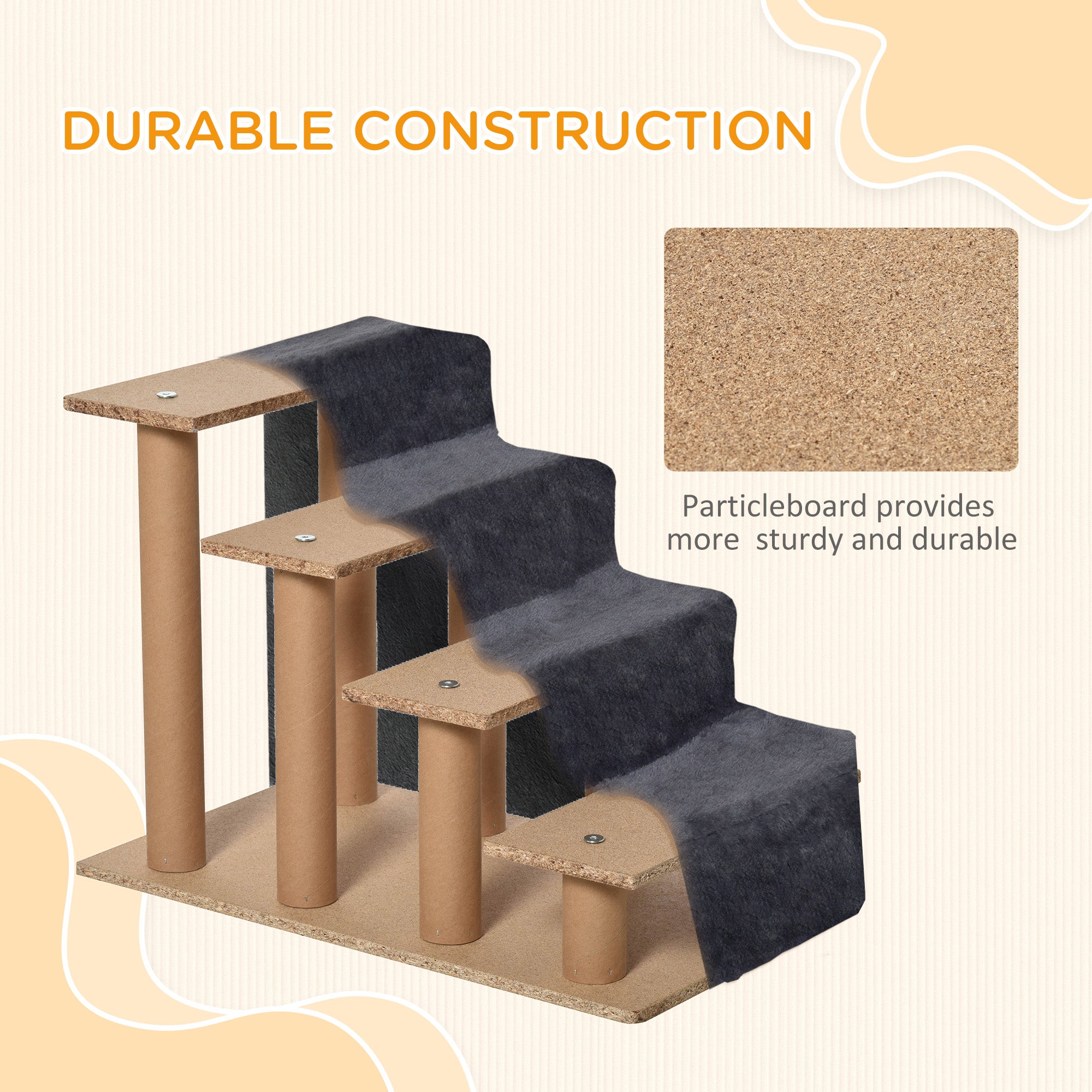 PawHut Four-Step Dog Stairs, with Washable Plush Cover, for High Bed Sofa, Dog Stairs for Small Dog and Cat - Dark Grey