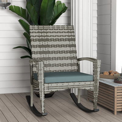 Outsunny Outdoor PE Rattan Rocking Chair, Garden Rocking Chair Set with Armrest and Cushion, Light Grey 