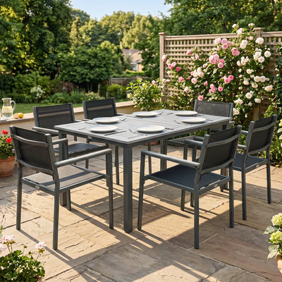 Outsunny Garden Dining Set with Acacia Wood Table Top, Outdoor Table and Stackable Chairs Set for 6 with Texteline Seat, Grey