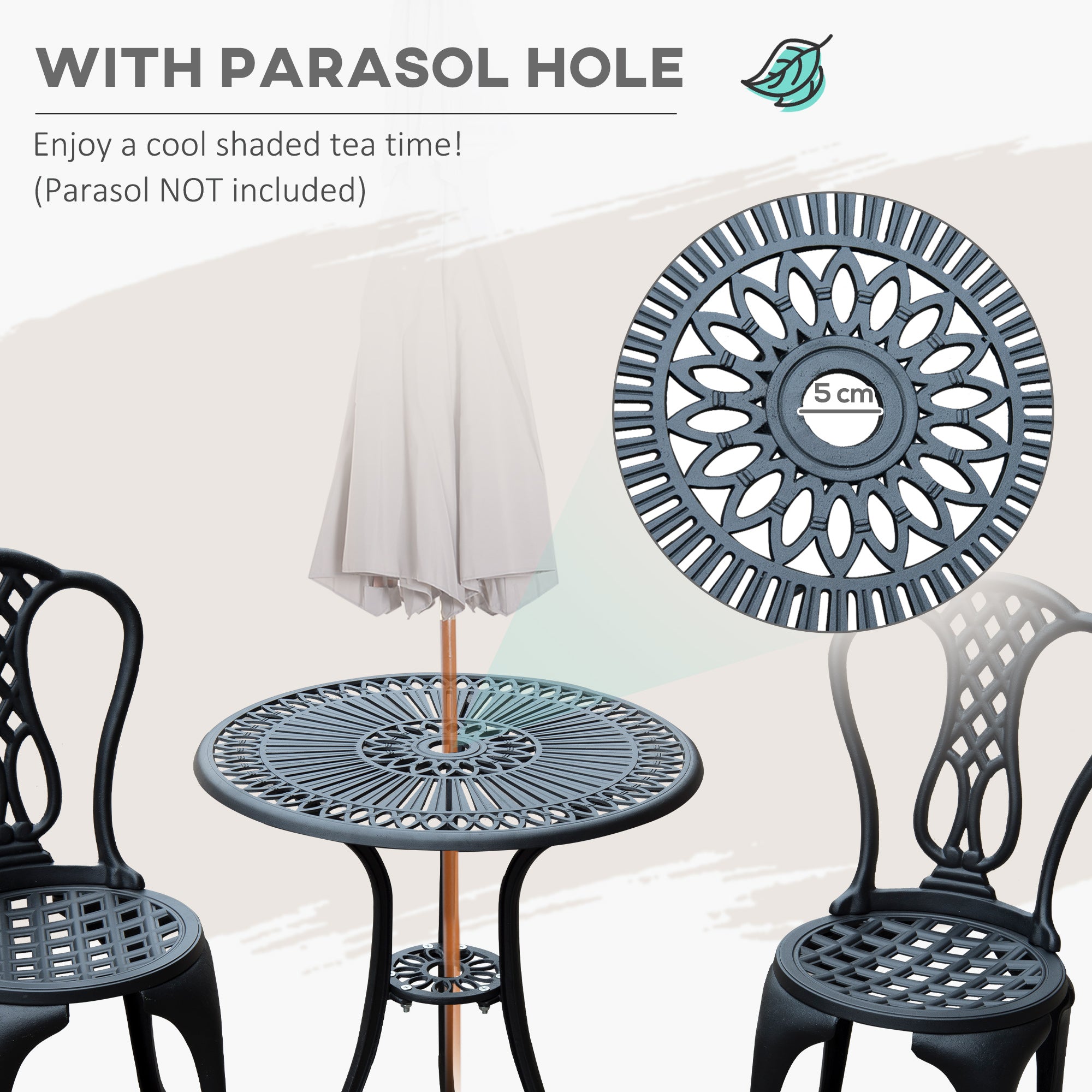 Outsunny 3 Piece Patio Cast Aluminium Bistro Set Garden Outdoor Furniture Table and Chairs Shabby Chic Style 