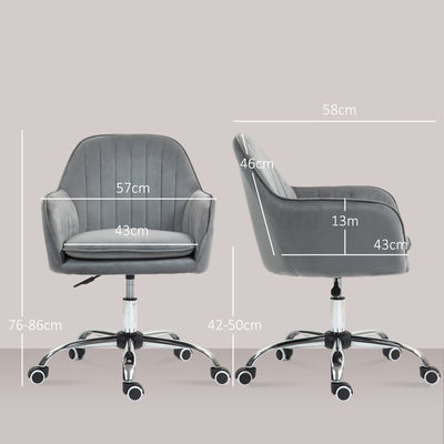HOMCOM Office Chair, Swivel Desk Chair, Velvet-Feel Fabric Vanity Chair with Adjustable Height and Rolling Wheels for Home Work Study, Grey 