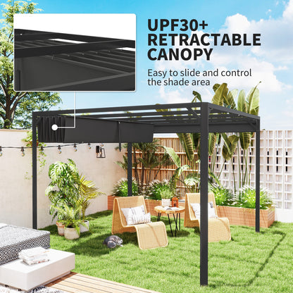 Outsunny 3 x 3m Aluminium Pergola, with Retractable Roof and Wall - Dark Grey 