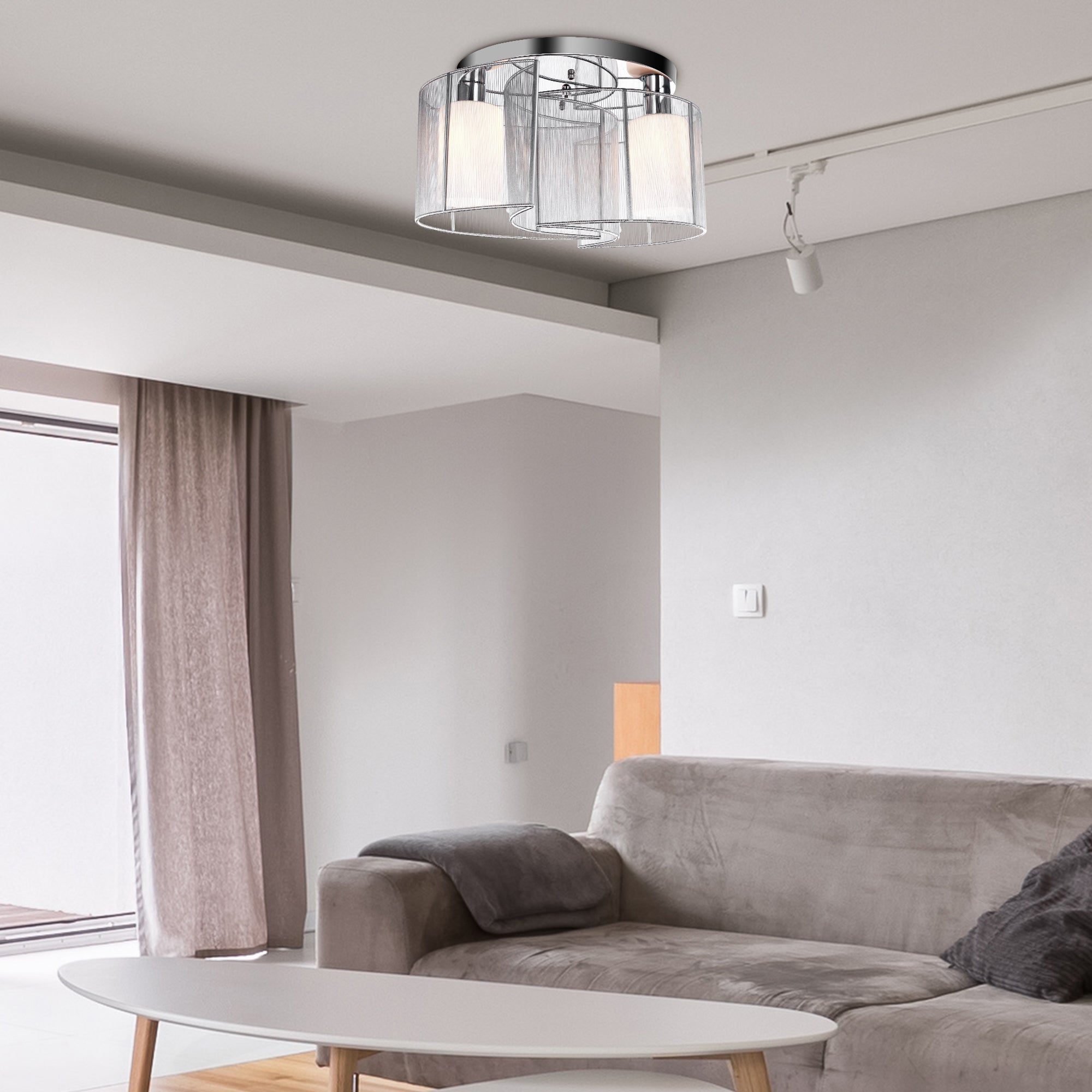 HOMCOM Modern Chandelier, Semi-Flush Mount Ceiling Light with 2 Light, E27 Bulb Base for Hallway, Dining Room, Living Room, White and Silver 