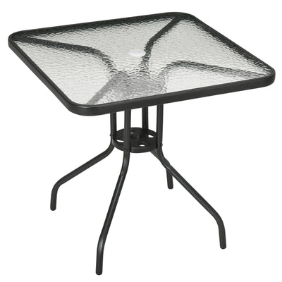 Outsunny Square Patio Table, Tempered Glass Top Bistro Table, Garden Dining Table, Outdoor Accent Coffee Table 76 x 76cm Steel Frame with Umbrella Hole 
