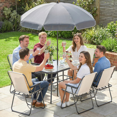 Outsunny 8 Piece Garden Dining Set with Umbrella Garden Furniture Set with 6 Folding Chairs, Tempered Glass Table for Patio Cream 